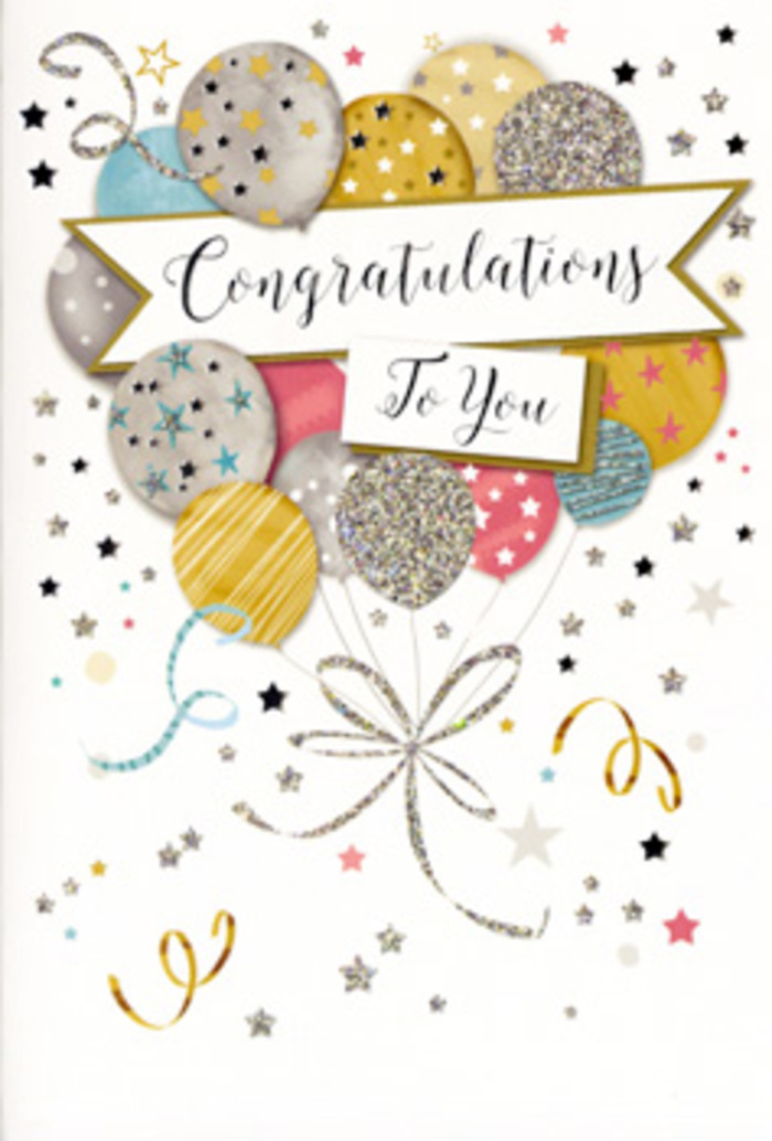 This congratulations card is designed like a carefully staged celebration, the kind you might find alongside a vase of fresh flowers on a hallway console in a Luton townhouse. At the heart of the artwork, a soft, ribbon-like banner stretches horizontally, bearing the words Congratulations To You in an elegant, calligraphic script. The letters shimmer in metallic tones, their curves and flourishes adding a touch of formality and grace to the otherwise playful scene. Encircling this banner is a lush cluster of illustrated balloons, arranged so they overlap and layer, creating the illusion of depth and gentle movement. The balloons come in a refined blend of hues: warm brushed gold, reflective silver, champagne beige, sky blue, delicate blush pink, and muted grey. Each balloon is individually decorated-some are dotted with tiny, twinkling stars; others are treated with glitter-like shading or thin, looping stripes that follow the curve of the balloon, evoking the look of specialty foil balloons in a party shop near Bury Park. From the base of each balloon, thin metallic ribbons descend and curl, forming elegant loops and spirals across the card. These ribbons, drawn in gold and silver lines, wind through the design like festive streamers at a celebration. The background is clean and light yet filled with detail: scattered metallic stars, tiny confetti dots, and swirling accents that suggest the joyful chaos of a party frozen in a single moment. Together, these elements create a polished yet heartfelt atmosphere, ideal for marking life's proud achievements-from exam success to promotions or new ventures-especially when paired with fresh flowers delivered across Luton to complete the gesture.