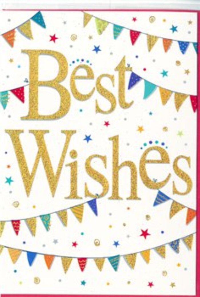 In this congratulations card, joy is expressed through clean lines, sparkling detail, and a palette that feels at once festive and sophisticated-much like walking through Luton on a sunny market day when the town feels alive with colour. At the heart of the card, the words Best Wishes unfurl in a flowing, cursive script that shines with metallic gold. The lettering looks slightly raised from the surface of the card, as though outlined and filled with a fine golden dust that catches light from different angles. Set against a clear white background, the message feels open and spacious, allowing the eye to rest on its warm glow. Encircling the greeting, arcs of bunting stretch across the design, tracing gentle curves that recall decorations strung above a family party in Biscot or along a street in Bury Park. Each tiny pennant is a bright triangle of colour-bold blues, cherry reds, grassy greens, and sunny yellows-with occasional softer tones and simple printed patterns. They form two loose garlands that seem to sway lightly, as if there is music and laughter just out of frame. Between and around these bunting lines are speckles of confetti and small star icons, scattered to mimic the random, exuberant fall of tossed paper at the climax of an announcement. Their colours subtly mirror the bunting, tying the design together. The overall impression is one of shared happiness and forward-looking optimism, ideal for milestones such as graduations, promotions, or new homes around Stopsley, Leagrave, and beyond. A florist at Flower Delivery Luton might tuck this card into a bouquet of bright seasonal blooms, using its golden script and colourful bunting to echo the celebratory tone of the flowers themselves and carry your sincere congratulations.