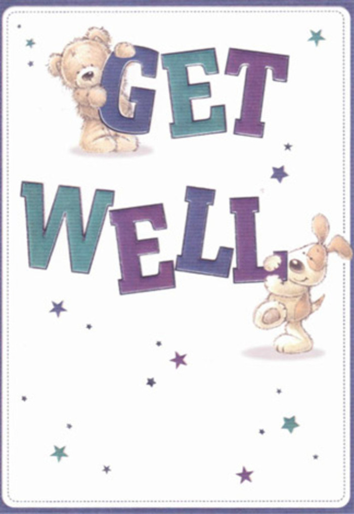 Every inch of this delightful get well card celebrates the gentle strength of encouragement. The illustration stars a friendly bear and a playful puppy, surrounded by a scattering of twinkling stars that seem to send a gust of kind wishes fluttering through the air. The bold, oversized 'Get Well' message is shaded in confident tones of purple and aqua, reminiscent of the vibrant markets along Hitchin Road. There is such a tactile richness to the composition-from the bear's soft fluff to the puppy's velvety ears-that one can almost sense the comfort of a familiar, reassuring touch. The design's clean, airy background brings an added sense of clarity, not unlike the northern views that open up over Luton's tree-lined edges. As an experienced florist serving the community, I see in this card the same intentional care that goes into curating a get well bouquet for a neighbor in Luton-each element arranged to bring reassurance and heartfelt optimism, perfect for uplifting spirits of all ages during recovery.
