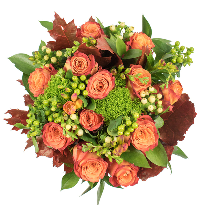 Presented in a top-down composition against a pristine white background, this autumn-inspired bouquet is a study in warm tones and varied textures, the kind of hand-tied arrangement a Luton florist might design for a harvest table in Stockwood Park's neighbourhood. The focal point is a generous cluster of fully opened roses in warm orange, coral and soft peach; the petals often show a gentle ombre, moving from lighter centres to richer, russet-tinted edges that recall fallen leaves. Nestled closely among the roses are glossy Hypericum berries-some a vivid lime-green, others a muted creamy yellow-whose roundness provides playful punctuation across the design. Bright, cushiony clusters of Green Trick dianthus (or a similar textured filler) introduce a dense, almost mossy feel, adding both visual surprise and tactile contrast to the smooth petals and shiny berries. Deep burgundy and burnt-orange lobed leaves are woven through the bouquet, their rustic tones creating shadowed pockets that emphasize the brighter elements. Fresh green foliage, some glossy and broad, others more delicate, fills and supports the composition so it reads as abundant yet carefully balanced. Soft, even lighting highlights the velvet of the roses and the sheen of the berries, while faint shadowing between layers gives the arrangement a three-dimensional presence. This bouquet feels inviting and homey-ideal as a Thanksgiving centrepiece, a comforting seasonal gift for friends in High Town or Luton town centre, or a vibrant accent to bring autumn's warmth indoors.