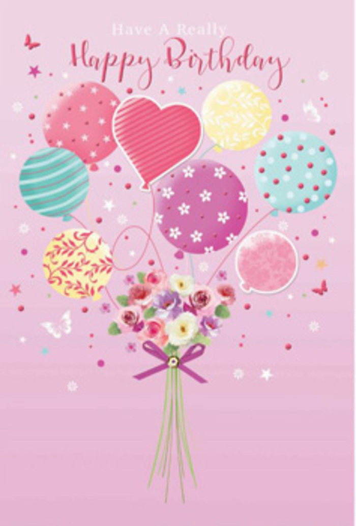 This birthday card artwork captures a feeling of floating happiness, like watching pastel balloons drift above a birthday party in Luton's Stockwood Park. The background is a smooth, soft pink, creating an inviting warmth that allows every detail to stand out. At the bottom of the composition sits a petite, hand-tied bouquet of roses and daisy-like blooms, their petals velvety and full, shaded in tones of cream, blush pink, and dusky mauve. The flowers are clustered closely, suggesting the care of a local Luton florist, with stems gathered together and secured by a rich purple satin bow that gleams gently where the light touches it. From this floral foundation, a colourful bouquet of balloons rises upwards, giving the illusion that the flowers are weightless. The balloons are pastel-toned-shell pink, mint green, lemon yellow, and lavender-each decorated with a unique pattern. Some twist with candy-like stripes, others are dotted with lively polka dots, and a few are adorned with small floral shapes and starlit bursts. A heart-shaped balloon near the centre adds a tender note, hinting at the affection behind the birthday message. Tiny butterflies and scattered star motifs hover around the balloons and petals, enhancing the dreamy, celebratory atmosphere. The lighting in the illustration is soft and diffused, creating gentle highlights on the curved surfaces of the balloons and subtle shadows between the petals, bringing depth and realism to the scene. It feels like the kind of card chosen with intention, to deliver not just birthday wishes but a sense of being cherished and celebrated in the familiar surroundings of Luton.