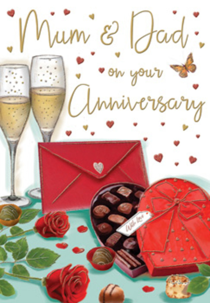 The anniversary card illustration presents a sumptuous, story-like scene, reminiscent of a quiet evening celebration in a Luton living room after the bustle of the town centre has faded. Two slim champagne flutes stand side by side at the focal point, their clear glass delicately outlined and filled with a soft, golden champagne tone. Fine streams of bubbles glimmer within each glass, rising gracefully to meet the light. In the foreground, a heart-shaped chocolate box commands attention, painted in a vivid red with a broad satin bow tied across its surface; the lid is tipped open to reveal a careful arrangement of chocolates, their deep brown tones contrasting beautifully with the red casing. Just to the side, two plush red roses rest on a scatter of green leaves, their petals rendered with lifelike curves and folds, capturing the lush texture and saturated colour that florists in Luton might choose for a special anniversary bouquet. A few chocolates lie temptingly loose on the tabletop, their surfaces catching subtle highlights that suggest ambient indoor lighting. Above, the hand-written greeting to Mum & Dad is encircled by tiny hearts in gold and crimson, which float gently against a softly shaded background, adding a playful yet deeply affectionate feel. A rich red envelope is placed thoughtfully within the composition, the clean line of its flap and the suggestion of a seal hinting at intimate words penned by one partner for another. The entire image radiates a sense of warmth, scent, and sound: the imagined fragrance of roses, the sweet aroma of chocolate, and the gentle clink of glasses marking another cherished year of marriage in Luton.