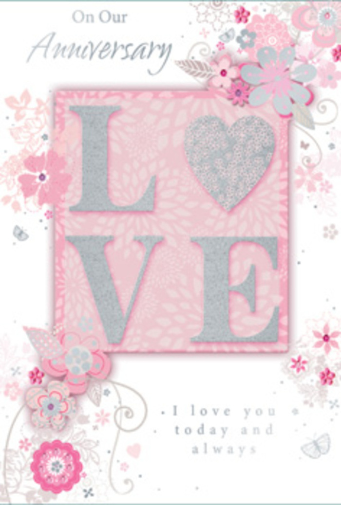 In this image, the anniversary card opens like a quiet moment of gratitude, its design as tender and measured as a hand-tied bouquet from a trusted Luton florist. The main motif is the word LOVE, spanning the centre in raised letters coated with frosted glitter, blending blush pink with a pearlescent white sheen. The textured surface appears almost velour-like, the kind you instinctively want to trace with your fingertips. Soft light plays across the glitter, making the word glow against a gentle blush-pink background panel that anchors the composition. Around this, a halo of wispy, hand-drawn blooms unfurls along the borders. The flowers are rendered in soft tones of pink, lilac, and ivory, their petals outlined with ultra-fine lines and light silver-grey shading, reminiscent of delicate sketches made over coffee in a Luton café. Interlaced with the blossoms are dainty leaves and filigree-style flourishes that curl and loop around the edges, guiding the eye around the card. Almost-hidden butterflies, picked out in subtle silver, hover between the stems, suggesting the fluttering excitement of long-lasting love. The message I love you today and always rests in understated type, positioned so it feels nestled among the floral sprays rather than imposed on them. The surrounding space is carefully balanced, giving the design an airy, sunlit quality-like stepping into a calm room where anniversary flowers sit on the windowsill overlooking Luton's rooftops. The card feels less like a simple greeting and more like a keepsake bouquet in paper form, quietly fragrant with devotion and shared history.