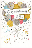 The congratulations card in this image feels like a moment of joy captured in ink, much like the excited atmosphere after good news spreads through a Luton workplace or family gathering. A sweeping central banner, drawn with soft curves, displays the message Congratulations To You in stylish, flowing calligraphy. The letters have a metallic gleam, hinting at gold and silver tones that give the words a sense of importance and warmth. Around and above this banner, a buoyant bouquet of balloons seems to float upward, arranged with the same care a florist might use when building a celebratory display. The balloons are rounded and softly polished, rendered in shades of gold, silver, champagne, pale blue, pink, and gentle grey. Each one feels unique: some are patterned with tiny stars that sparkle against their coloured surfaces, others carry sweeping stripes or subtle glitter-like highlights, suggesting a rich, tactile finish. Thin metallic ribbons trail from the base of the balloons, curling and looping in loose spirals down the card, their lines interlacing like the ends of curling ribbon tumbling from a gift bag near Leagrave Road. The background stays light and understated but is animated with scattered star shapes, dots of confetti, and swirling accents that mimic the movement of streamers tossed into the air. Overall, the design radiates happiness and sincere pride, without feeling overdone. It's the kind of stylish, upbeat card that pairs beautifully with a fresh bouquet delivered across Luton-perfect for celebrating exam results, a recent promotion, a new home, or any personal milestone that deserves to be honoured with genuine, heartfelt congratulations.