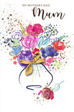 Joyful and expressive Mother's Day card illustration depicting a watercolour bouquet in a softly rounded vase, painted with swirling strokes that capture the exuberance of giving flowers to Mum in Luton on a bright spring morning. The flowers are a vivid mix of lush purples, playful pinks, rich reds, and soothing blues, their pigments pooling and blending so that each bloom feels full and soft rather than sharply outlined. Deeper indigo and cerise strokes suggest layered petals, while lighter washes of apricot and lavender appear almost translucent, as if touched by gentle light. Subtle touches of green and chartreuse imply leaves and stems hidden within the mass of flowers, keeping the focus on the blooms themselves. Fine, shimmering accents of gold flicker along some petal edges and around the bouquet, like glints of sunshine over gardens near Luton's Wardown Lake. The vase is simple and elegant, sketched in muted tones and tied with a golden bow that conjures the soft rustle of ribbon around a freshly composed bouquet heading out for delivery. All around the arrangement, specks of colour and tiny heart shapes float freely across the pure white background, resembling petals or confetti scattered in celebration across a family dining table. The overall composition feels airy yet heartfelt, blending spontaneity with thoughtful balance. It reads as a visual love letter, a paper-based bouquet designed for Mother's Day gestures throughout Luton, from terraced streets near the town centre to quiet cul-de-sacs in Stopsley, Bushmead, and beyond.
