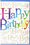 Here, a vibrant birthday card is shown in full, its design echoing the energy of a festive gathering in a Luton living room. The main focus is the phrase Happy Birthday, written in large, uncomplicated letters that stretch confidently across the card's width. Each letter glows with its own part of a continuous rainbow, moving gracefully from a rich, almost velvety red through fiery orange and bright yellow into crisp green, cool blue, and finally a luxurious purple. The gradient between shades is beautifully smooth, giving the impression that the colours are gently melting into one another, like streams of light over St George's Square at dusk. Behind this bold central text, the entire surface of the card is covered in fine golden handwriting, repeating Happy Birthday to you line after line. The cursive lettering is slim and flowing, more like a soft background song than a competing message. Its metallic gold ink gives off a quiet shimmer, suggesting a subtle sparkle when the card is moved in the light, similar to how the sun briefly catches the tops of buildings around Luton's town centre. The underlying card colour is a warm off-white or light cream, which helps the rainbow letters stay luminous and ensures the gold script doesn't feel overpowering. Everything about the composition feels celebratory yet tasteful. It's the sort of card that would pair perfectly with a mixed birthday bouquet from Flower Delivery Luton, delivered to an address in Bury Park or Farley Hill, adding a splash of colour and handwritten charm to mark someone's special day.