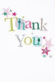 A compact thank-you card captured as if held to the light, its clean white cardstock a calm, spacious stage for a parade of colorful letters. The phrase Thank You marches across the front in playful, varied typography - each character painted in a different bright hue: lime green with a soft sheen, fuchsia that seems almost plush, and a cool, clear blue that reads like a summer sky. Some letters carry a whisper of silver glimmer that catches the eye, others are patterned with tiny polka dots or edged with delicate stitched flourishes, suggesting hand-finished detail and textured ink you can almost feel under your fingertips. Scattered around the words, small stars gather in lively clusters - magenta, teal, and a pale gold - as if confetti has momentarily suspended itself on the page. The lighting is natural and gentle, the card photographed in soft morning light that brings out the shimmer and the slight embossing without flattening the colors. The overall mood is warm and effortless, the kind of cheerful gratitude that belongs at a summer picnic in Wardown Park or slipped into a bouquet after a friendly street-market favour. As a local florist in Luton, I imagine tucking this card alongside a bright arrangement: its tactile charm echoes ribbon, the playful palette mirroring seasonal blooms, and the sincere, lighthearted tone makes the gift feel both spontaneous and thoughtfully composed. For a recipient who cannot see it, describe a bright, textured card that sparkles with color, stitched detail, and scattered stars - a small celebration of thanks that reads like a warm, personal smile.