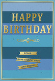 This birthday card radiates a quiet, graceful joy, the kind of design you might choose for someone in Luton who loves calm colours and thoughtful details. Its background consists of wide horizontal bands of blue that fade gradually from deep navy at the top down through rich marine and gentle teal into a soft sky blue near the bottom. The seamless transition between these bands gives the impression of looking across a serene horizon, echoing the peaceful corners of Wardown Park or Stockwood Discovery Centre's gardens. Centered on this layered blue canvas is the main message, HAPPY BIRTHDAY, embossed in striking gold letters. Each character stands proudly away from the surface, its smooth metallic finish catching the light so that the greeting seems to glow softly without becoming overpowering. Directly beneath the main text, a slender golden flourish stretches like a decorative underline, curling at the ends and lending the card an air of classic elegance. Below this, three slim gold banners sit in a tidy row, each bearing part of a gentle birthday wish: Relax, have a great day and enjoy! The ribbons feel welcoming, as though they are quietly urging the recipient to take the day at their own pace. A fine gold border runs continuously around the outer edge, framing the entire design with a delicate line of light. The card stock appears thick, cool, and matte to the touch, heightening the contrast with the raised, glossy gold elements. Imagined beside fresh birthday flowers delivered across Luton, this card becomes more than a greeting-it feels like a small moment of calm celebration, a reminder to slow down and enjoy every part of the day.