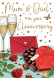 This anniversary card design feels like a tender snapshot of celebration, the sort of moment that might unfold in a Luton home after a stroll around Wardown Lake or a gathering with family. At its centre, two elegant champagne flutes stand close together, filled with softly glowing golden champagne, bubbles rising and catching the light in delicate trails. Below them, a red heart-shaped box of chocolates draws the eye; tied with an opulent bow, the box sits open to reveal a neatly organised selection of truffles, each one round and glossy as though freshly unwrapped. To one side, two rich red roses recline on a bed of leafy greenery, their petals so velvety and layered they evoke the feel of freshly cut blooms from a trusted Luton florist, arranged with care for long-married parents. A couple of chocolates lie casually on the table surface, lending a relaxed, intimate touch. Floating above, the words Mum & Dad appear in a hand-lettered style, surrounded by small hearts in shimmering gold and deep red that drift across a warm background like scattered confetti. A vivid scarlet envelope rests neatly within the scene, its smooth surface and sealed flap promising loving words written inside. The whole composition is suffused with gentle light and a sense of closeness, calling to mind the comforting scent of roses mixed with chocolate, the soft chime of glasses touching, and the deep, steady affection that families across Luton honour when they celebrate another wedding anniversary together. Flower Delivery Luton could almost have arranged the roses that inspired this heartfelt illustration.